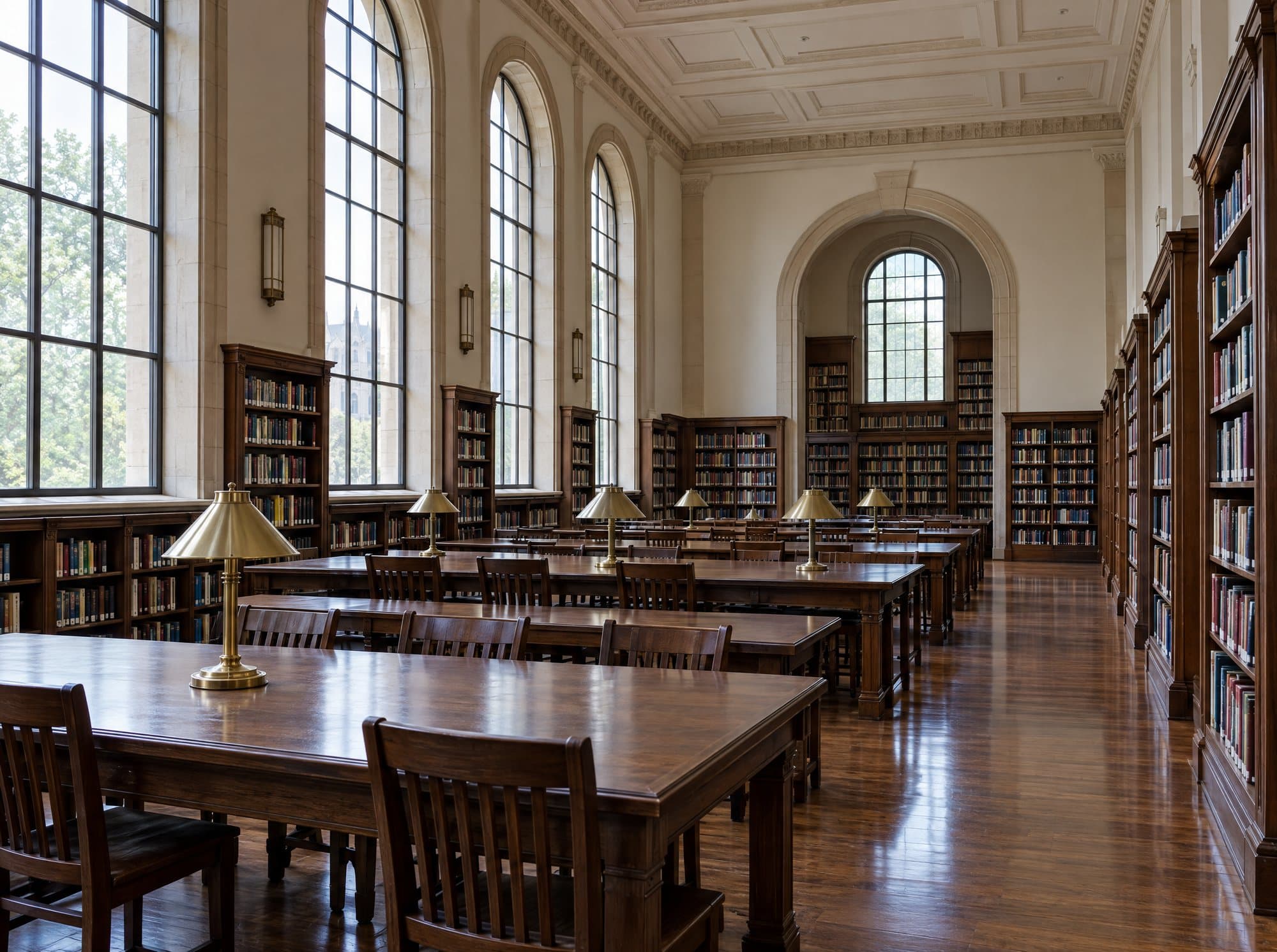 Reading room of a university library, with long wooden tables and tall arched windows.